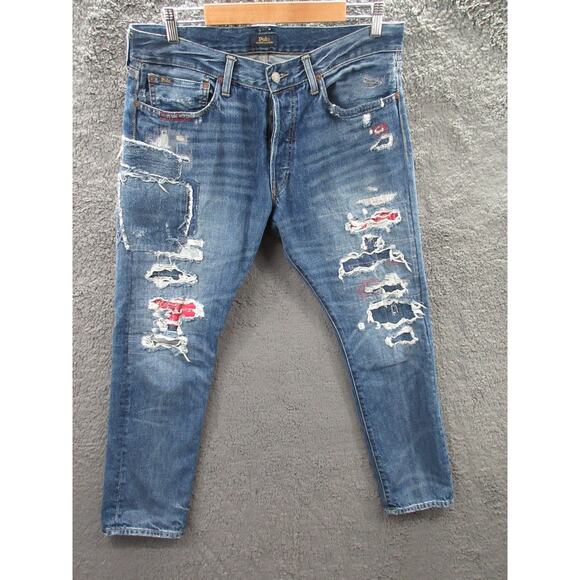 Polo Ralph Lauren The Sullivan Slim Patchwork Red Bandana Jeans Sz 35x30 RARE